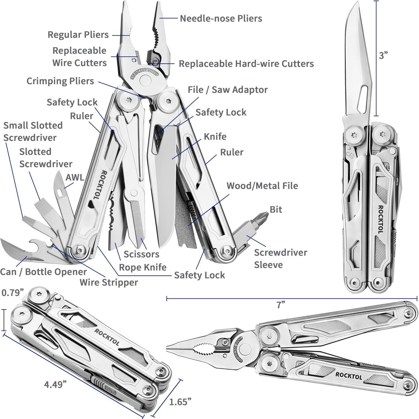 ROCKTOL Multitool, 29-in-1 Multitool Pliers with Replaceable Wire Cutters and Saw, Heavy-Duty Stainless Steel Multitool Set and Nylon Sheath for Camping Survival Gifts for Man