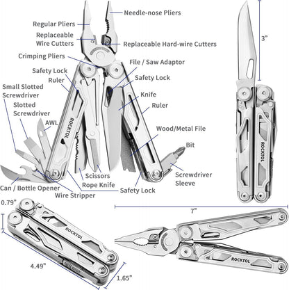 ROCKTOL Multitool, 29-in-1 Multitool Pliers with Replaceable Wire Cutters and Saw, Heavy-Duty Stainless Steel Multitool Set and Nylon Sheath for Camping Survival Gifts for Man