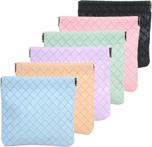 YRYUNRUI 6pcs Small Makeup Bag, Squeeze Purse Organizer, Waterproof Leather No Zipper Self-Closing Portable Weave Bags for Coins Keys Cards Jewelry Lipstick Cosmetic Accessories