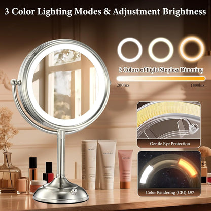 Professional 8.5" Large Lighted Makeup Mirror with Brighter Lights, 1X/10X True HD Magnifying Mirror with 3 Color Dimmable Lights, 80 Shadowless LEDs, 360°Swivel Seamless Vanity Mirror, Pearl Nickel