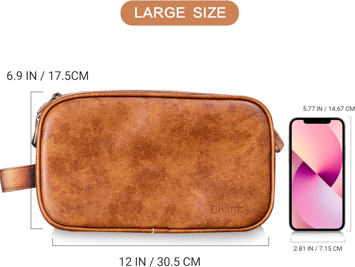 Elviros Toiletry Bag for Men, Large Travel Shaving Dopp Kit Water-Resistant Bathroom Toiletries Organizer PU Leather Cosmetic Bags (Brown, Large)