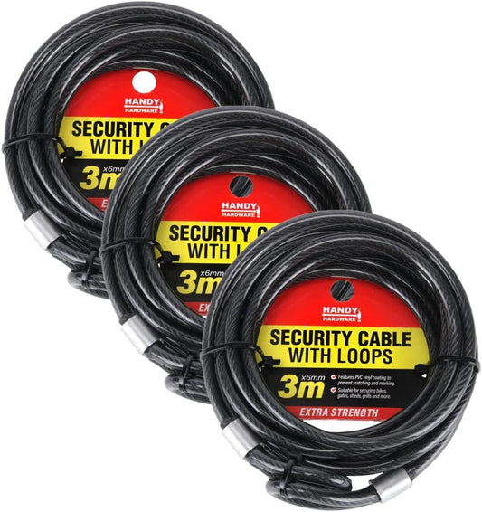 [3PCE] Handy Hardware PVC Coated Security Cable, Sturdy, Flexible, Twisting Steel Cable, Self Coiling, Anti-Theft Quality, Ideal for Bicycles, Motorcycles, Luggage, Gates and Fences etc (3 Metres)