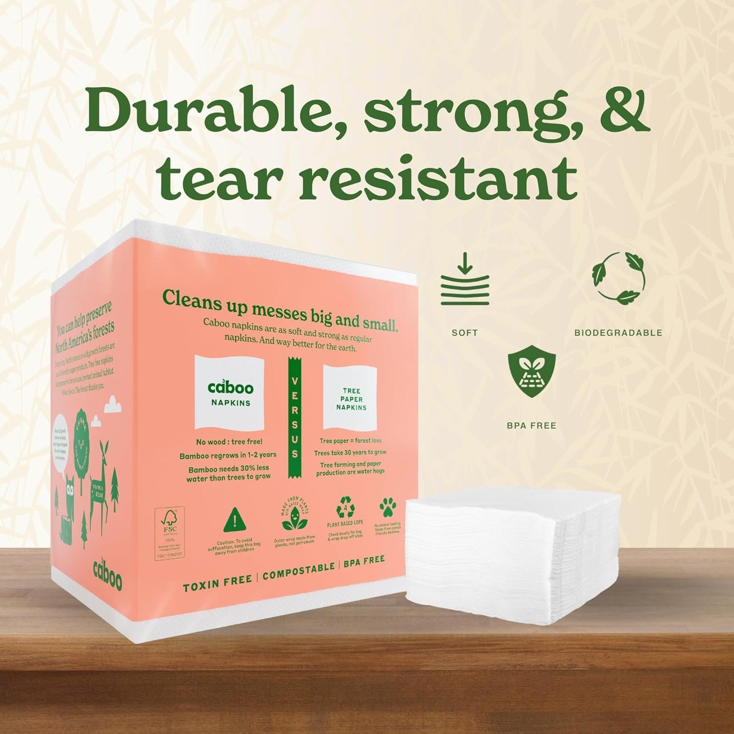 Caboo Tree Free Paper Napkins, 4 Packs of 250, 1000 Total Napkins, Eco Friendly, Sustainable, and Disposable Kitchen Napkins