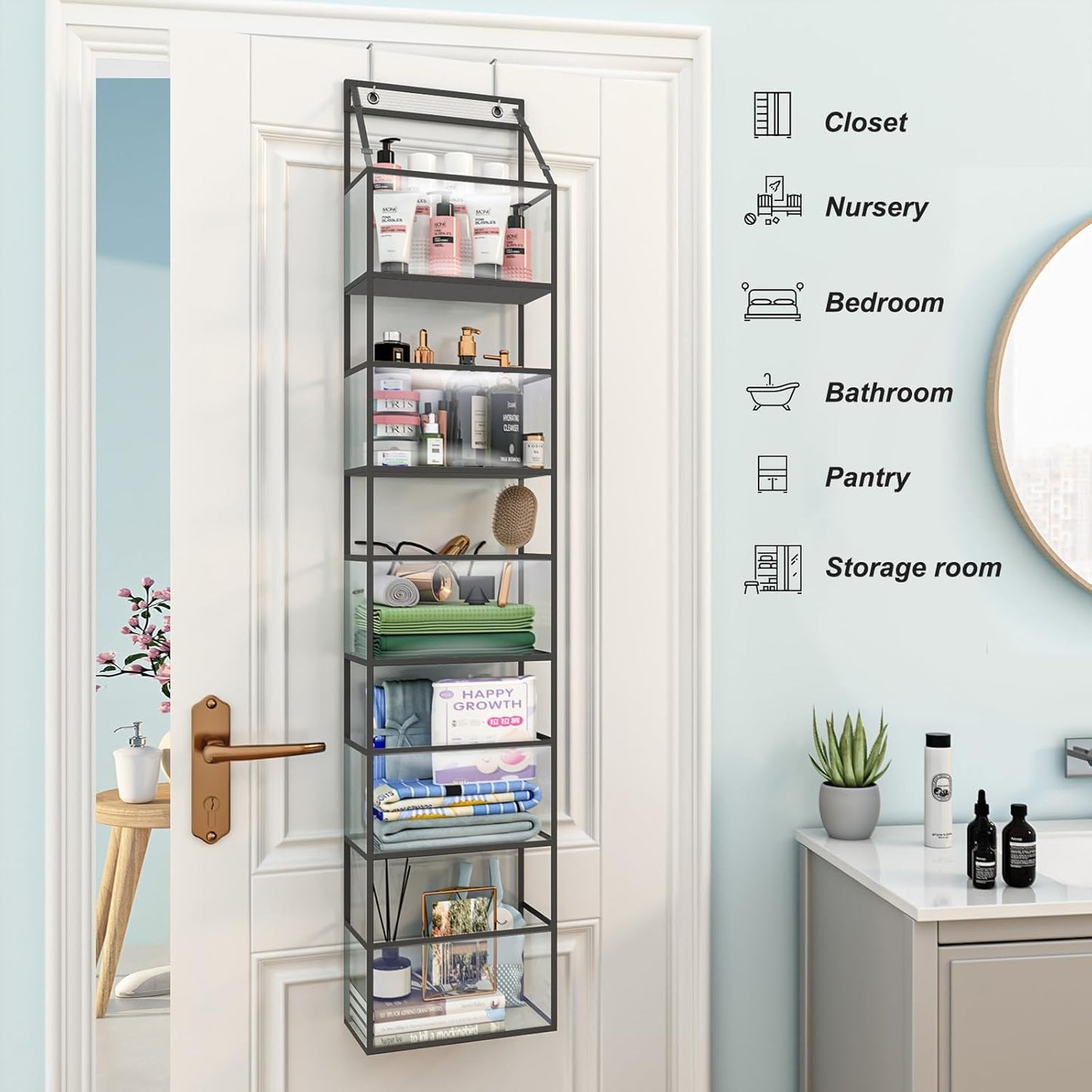 Fixwal Over The Door Hanging Pantry Organizer 5-Shelf Room Organizer with Clear Plastic Pockets Behind The Door Storage Organizer Large Capacity Organizer for Closet Bedroom Bathroom (Grey)