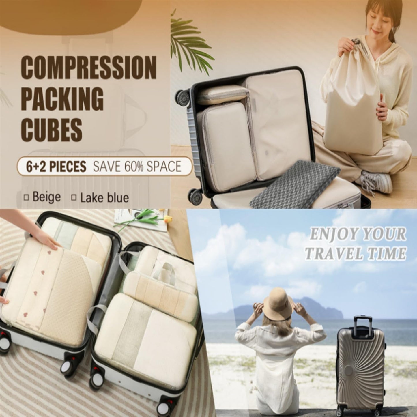 Rantuia 8 Piece Travel Storage Bag Set - Lightweight Compression Packing Cubes for Travel, Waterproof Nylon Material, Scratch-Resistant, Breathable - Luggage Organizer Pouches Off White