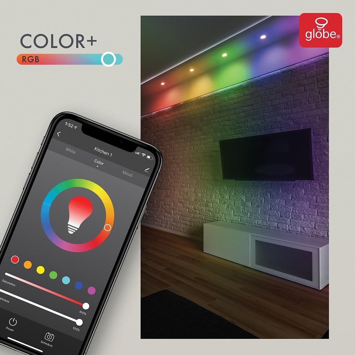 Globe Electric 50043 Wi-Fi Smart 10 Watt (90W Equivalent) Multicolor Changing RGB Tunable White Frosted LED Light Bulb, No Hub Required, Voice Activated, 2000K - 5000K, PAR38 Shape, E26 Base