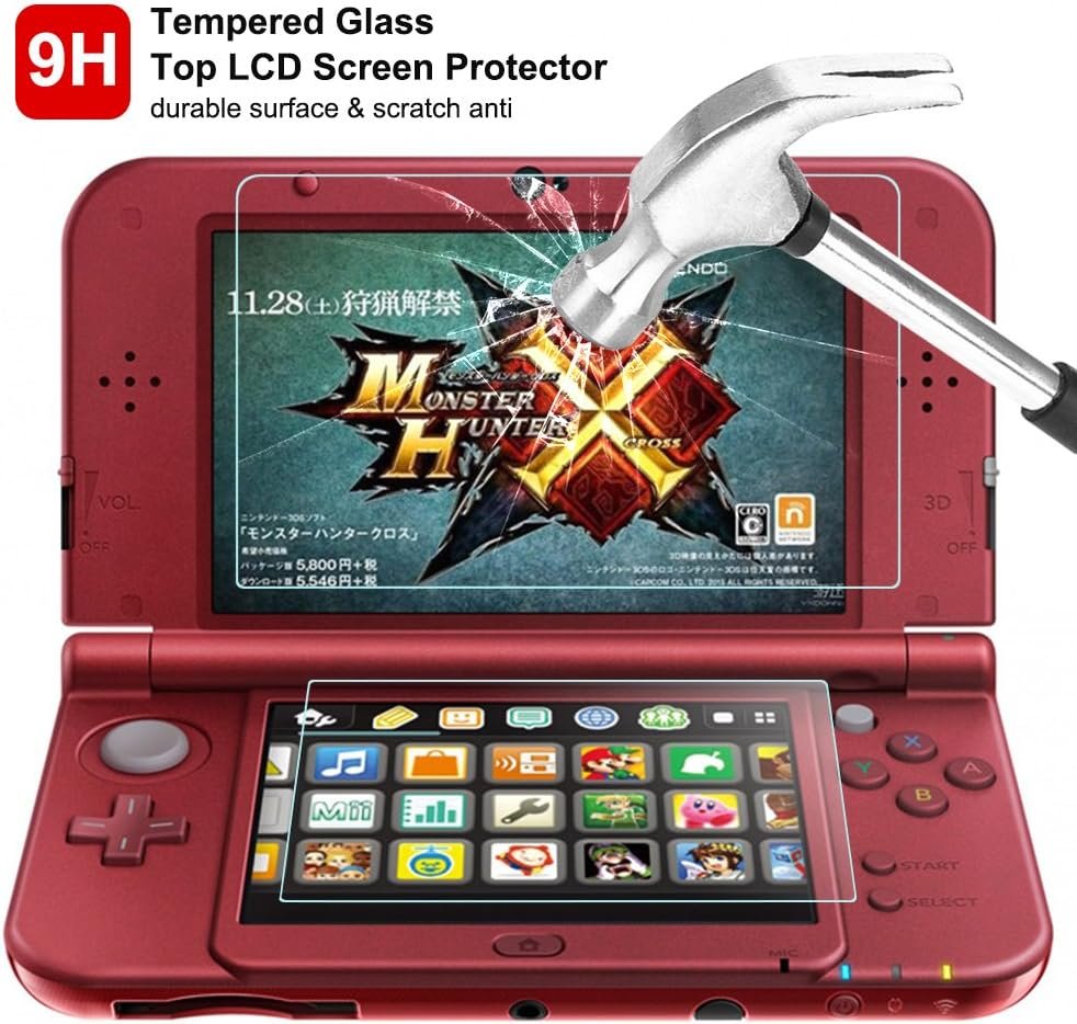 Screen Protector for Nintendo New 3DS XL, AFUNTA 4 Pcs Tempered Glass for Top Screen and HD Clear Crystal PET Film for Bottom Screen, 3DSXL Film Accessory