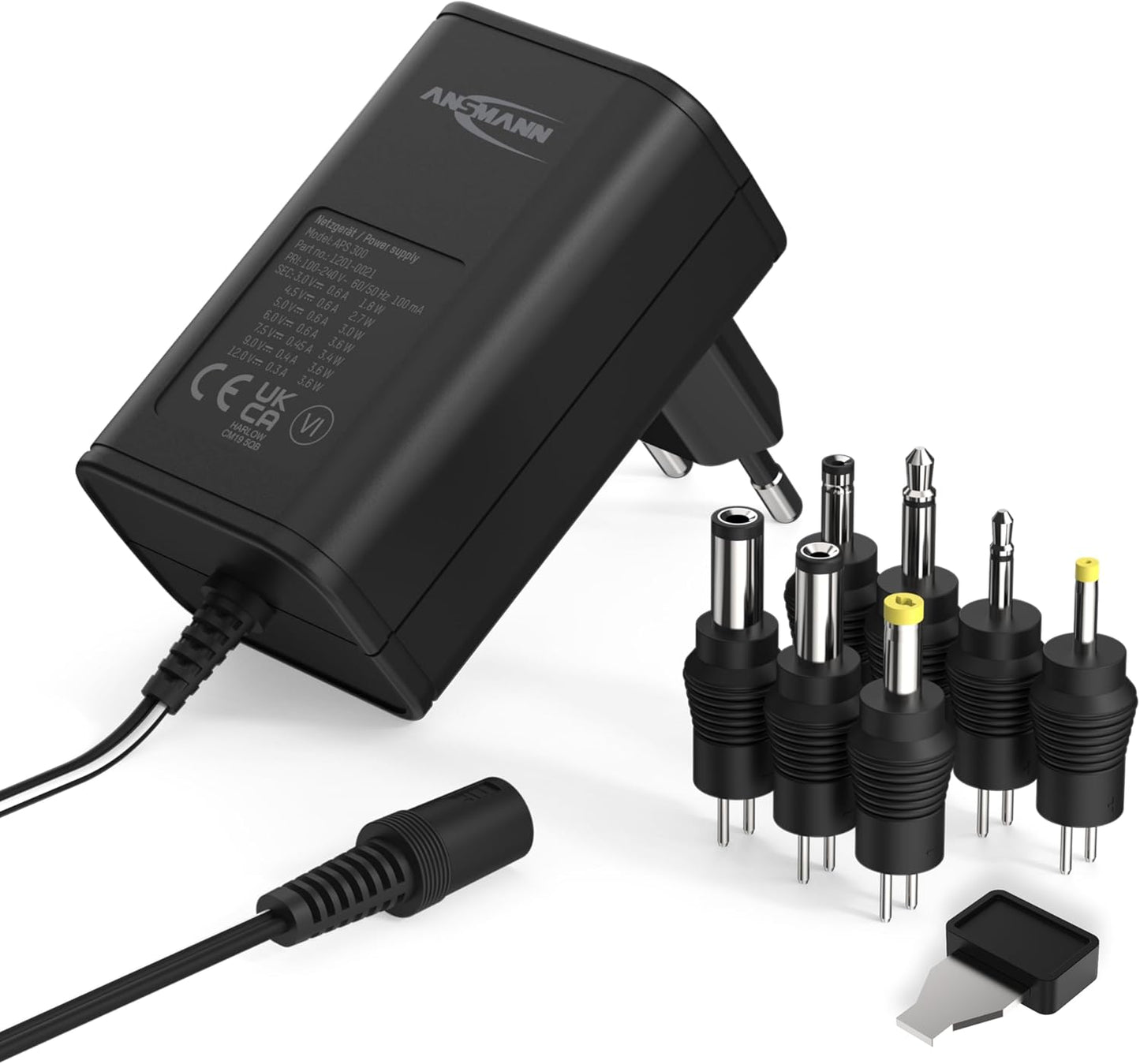 ANSMANN Universal Power Supply 7 Pin APS 300 3-12V - Charger for Electronic Devices Interchangeable Connectors 300mA Adjustable Voltage