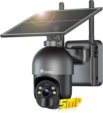 ctronics 5MP Solar Security Camera Outdoor Wireless, 6W Solar Panel, Sound-Light Alarm, PC/Phone Remote Control, CCTV Outdoor Camera with Color Night Vision, Cloud/FTP Storage