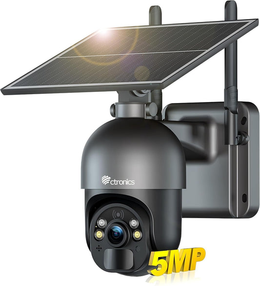 ctronics 5MP Solar Security Camera Outdoor Wireless, 6W Solar Panel, Sound-Light Alarm, PC/Phone Remote Control, CCTV Outdoor Camera with Color Night Vision, Cloud/FTP Storage