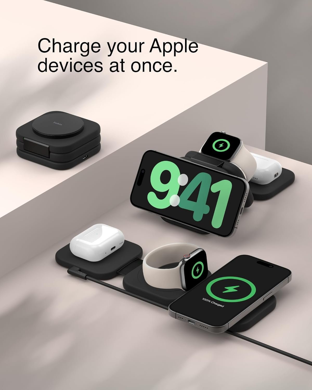 Belkin MagSafe Charger Compatible 3-in-1 Magnetic Charging Travel Pad 15W - BoostCharge Pro Foldable Qi2-Certified Wireless Charger, MagSafe-Compatible Charger for iPhone 15, Apple Watch 9, AirPods