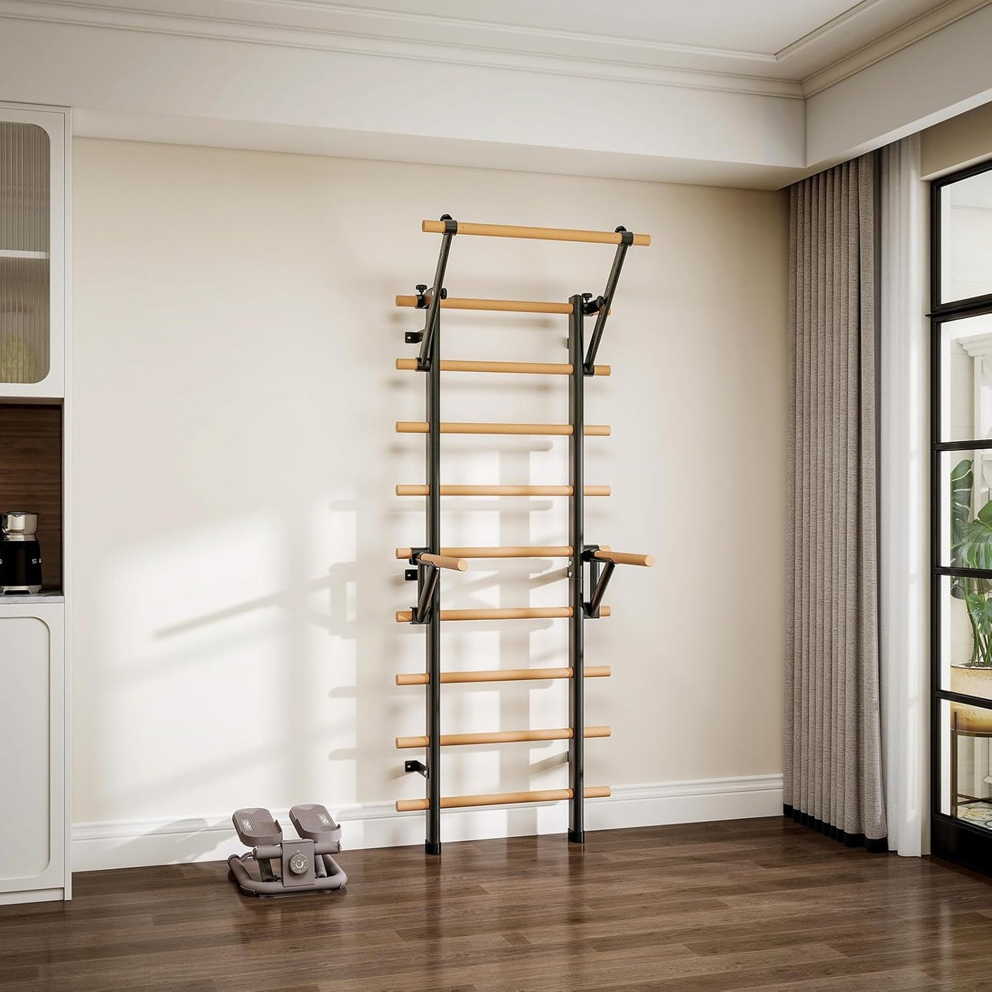 DHT Wood Stall Bar, Swedish Ladder Suspension Trainer with 9 Strategic Rods, for Home, Gym, School and Clinics