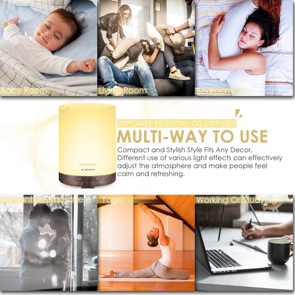 URPOWER 2nd Gen 300ml Aroma Essential Oil Diffuser Night Light Ultrasonic Air Cool Mist Humidifier with AUTO Shut Off and 6-7 Hours Continuous Diffusing and 4 Timer Settings for Home Office Yoga Spa