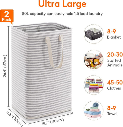 Lifewit 2 Pack Laundry Hamper Large Collapsible Laundry Baskets, Freestanding Waterproof Clothes Hamper with Easy Carry Handles in Laundry Room Bedroom Bathroom College Dorm for Adults, Grey, 2 x 80L