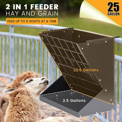 PAUQRWIE 25 Gallon 2 in 1 Hay and Grain Feeder for Goats, Sheep, Alpaca, Horse, Cattle, Livestock - Black Carbon Steel Wall Mount Hay Rack with Detachable Grain Tray - Adult