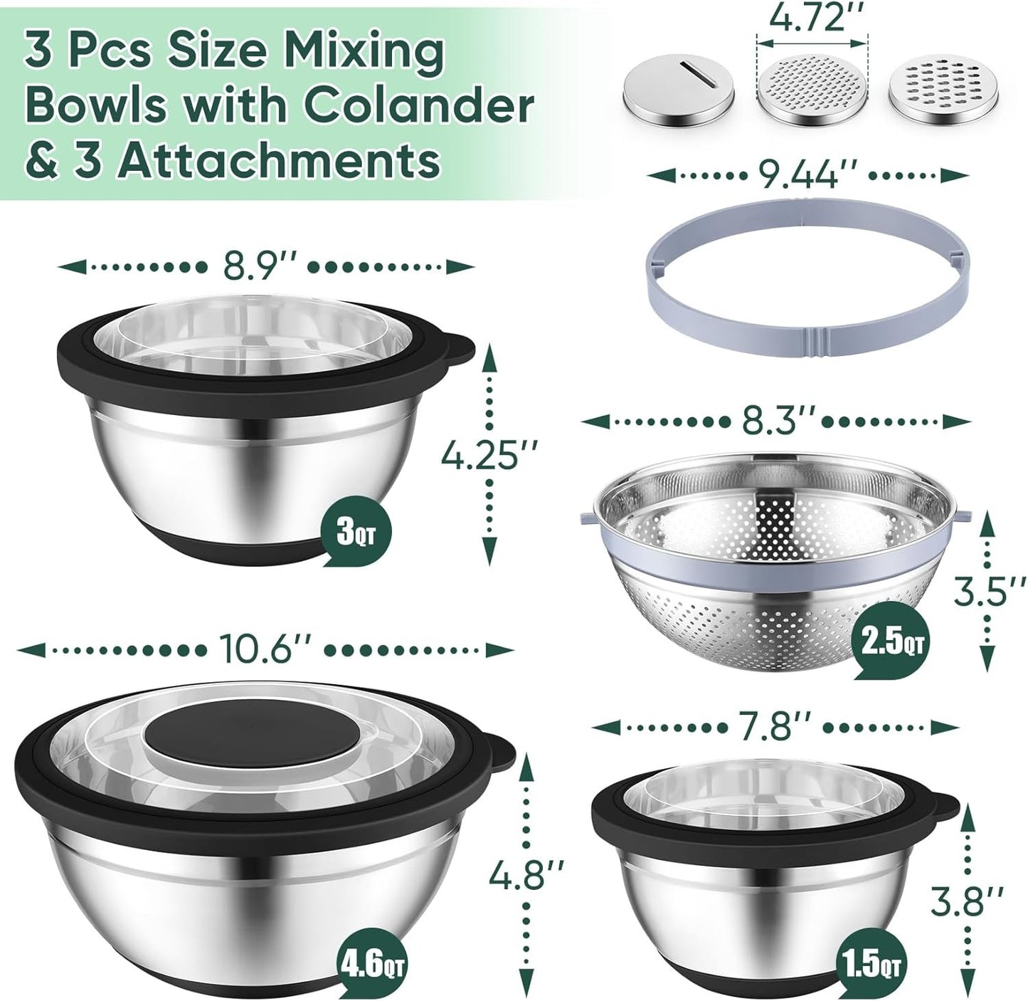 P&P CHEF Mixing Bowls with Lids Set of 3, 3 Pcs Stainless Steel Nesting Salad Bowls and Colander for Kitchen, 3 Grater Attachments & Non-Slip Bottoms, Visible & Airtight Lid, Black
