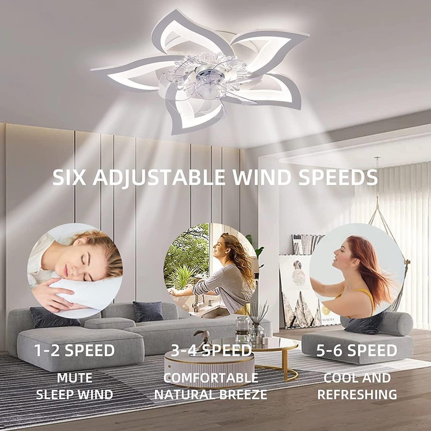 27.2‘’ Ceiling Fan with Lights and Remote Control, 5 Petals Modern Bladeless Flush Mount Fan Light, Low Profile 3 Switchable LED Light and Ultra Quiet 6 Gear Wind Speed, Ceiling Fan with Smart Timer