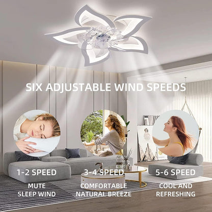 27.2‘’ Ceiling Fan with Lights and Remote Control, 5 Petals Modern Bladeless Flush Mount Fan Light, Low Profile 3 Switchable LED Light and Ultra Quiet 6 Gear Wind Speed, Ceiling Fan with Smart Timer