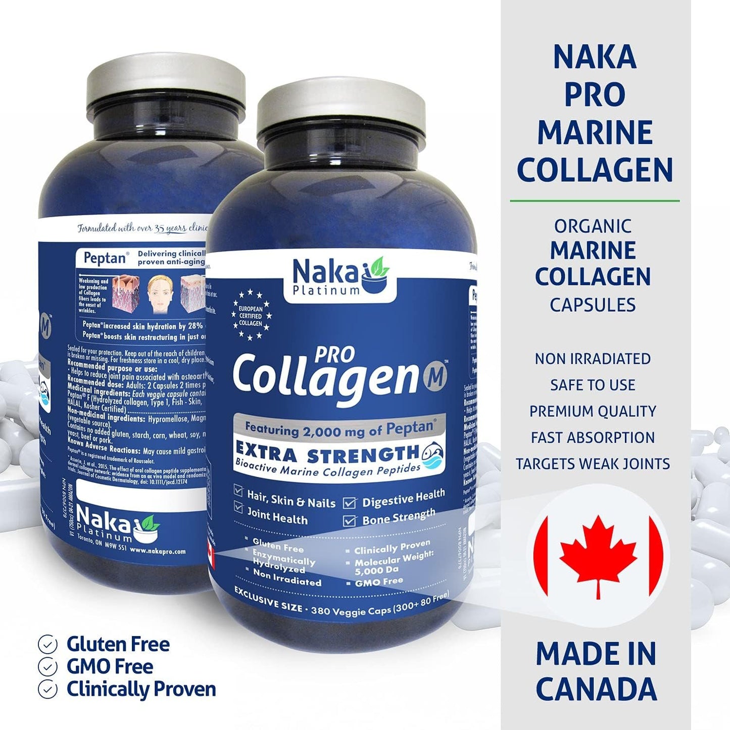Naka Pro Marine Collagen 380 Capsules -2000 mg of Collagen Peptides Protein Supplement to Support Joints, Hair, Skin and Nails- Made in Canada