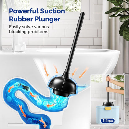 HAMITOR Toilet Brush and Plunger Set, Plungers for Bathroom Toilet Heavy Duty, Bowl Brush and Holder with Extended Handle, 2-in-1 Bathroom Accessory Cleaning Combo with Modern Caddy Stand - Black