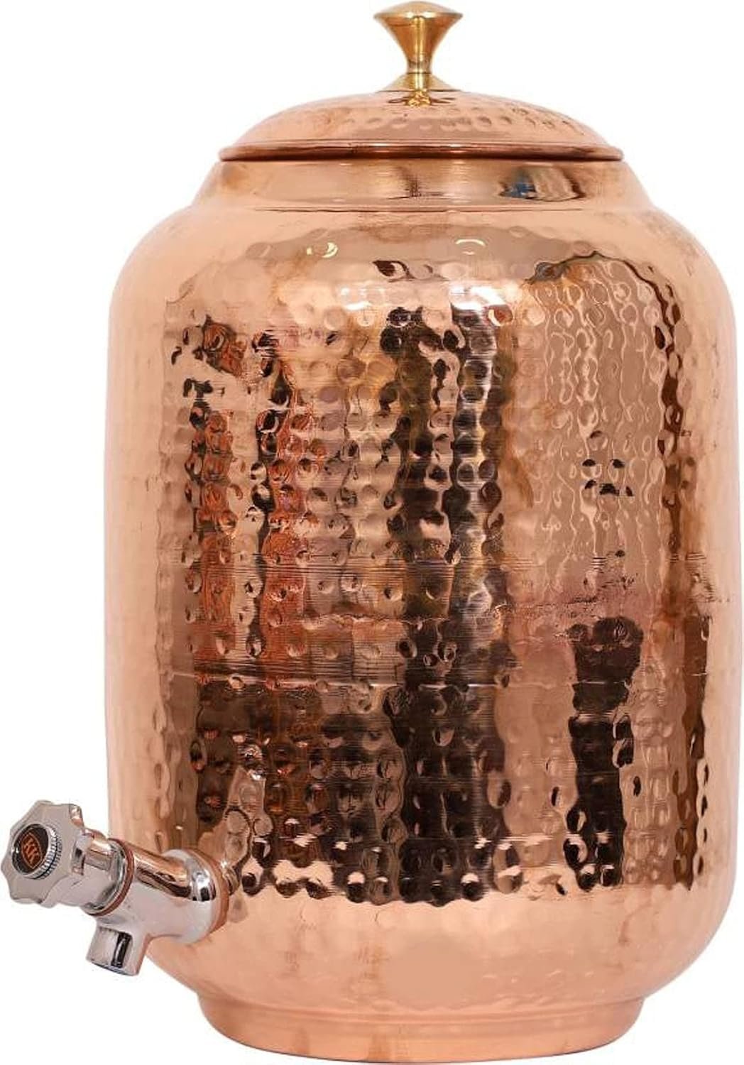 Hand Crunch Pure copper drinkware water dispenser - 8L- hammered finish- Pot ayurveda health healing 8 Liter storage capacity water container tank with 2 matching tumbler glasses & 1 copper Bottle