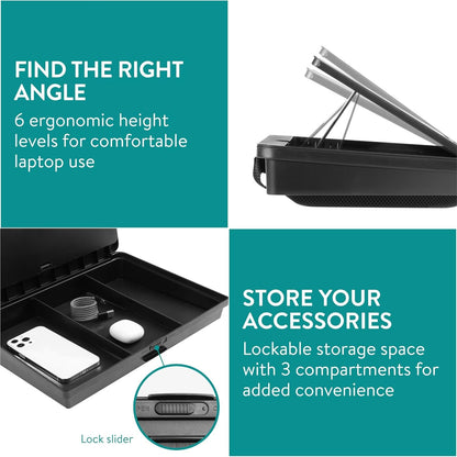 Navaris Adjustable Laptop Desk - Ergonomic Cushioned Lap Tray with 6 Levels - Ideal as Laptop Stand for Bed, Sofa, Lap Desk & Bed Desk - Features Lockable Storage Compartments
