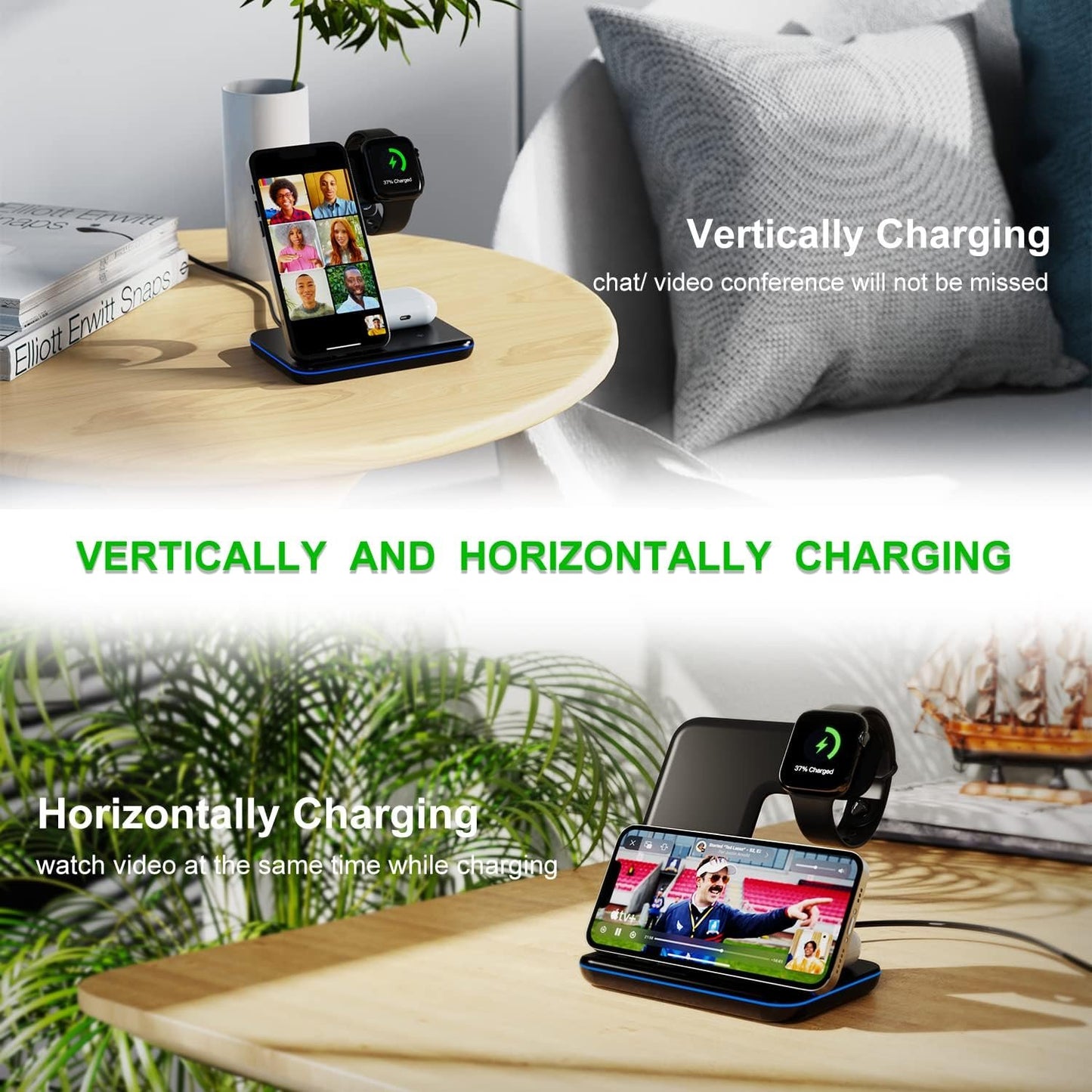 Minthouz 3 in 1 Wireless Charger (18W QC3.0 Adapter Included),15W Fast Wireless Charging Station for Smart Phone/iWatch/TWS Earphones, Compatible with iPhone 15 14 13 12 11 X8 Series, Samsung S22-S21+