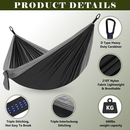 Single Double Camping Hammock with Tree Straps, 660lbs Portable Nylon Hammock for Outdoors, Camping, Backpacking, Beach, Travel,Garden and Courtyard