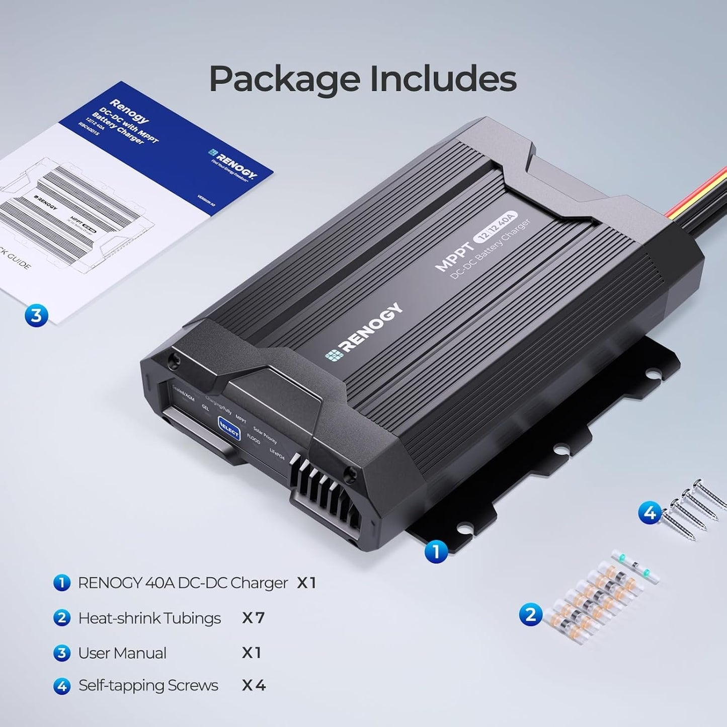Renogy 40A DC to DC Charger with MPPT, Dual Battery Charger, Solar and Alternator Dual Power Input, for Flooded, Gel, AGM, and Lithium Battery