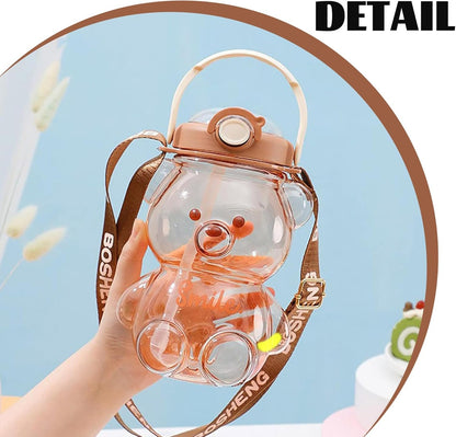 Kawaii Water Bottle with Straw and Strap, 1L Cute Bear Water Bottles Portable Leakproof BPA-Free Plastic Drinking Cups for Kids Girls Women Sports Camping Picnic Hiking Travel