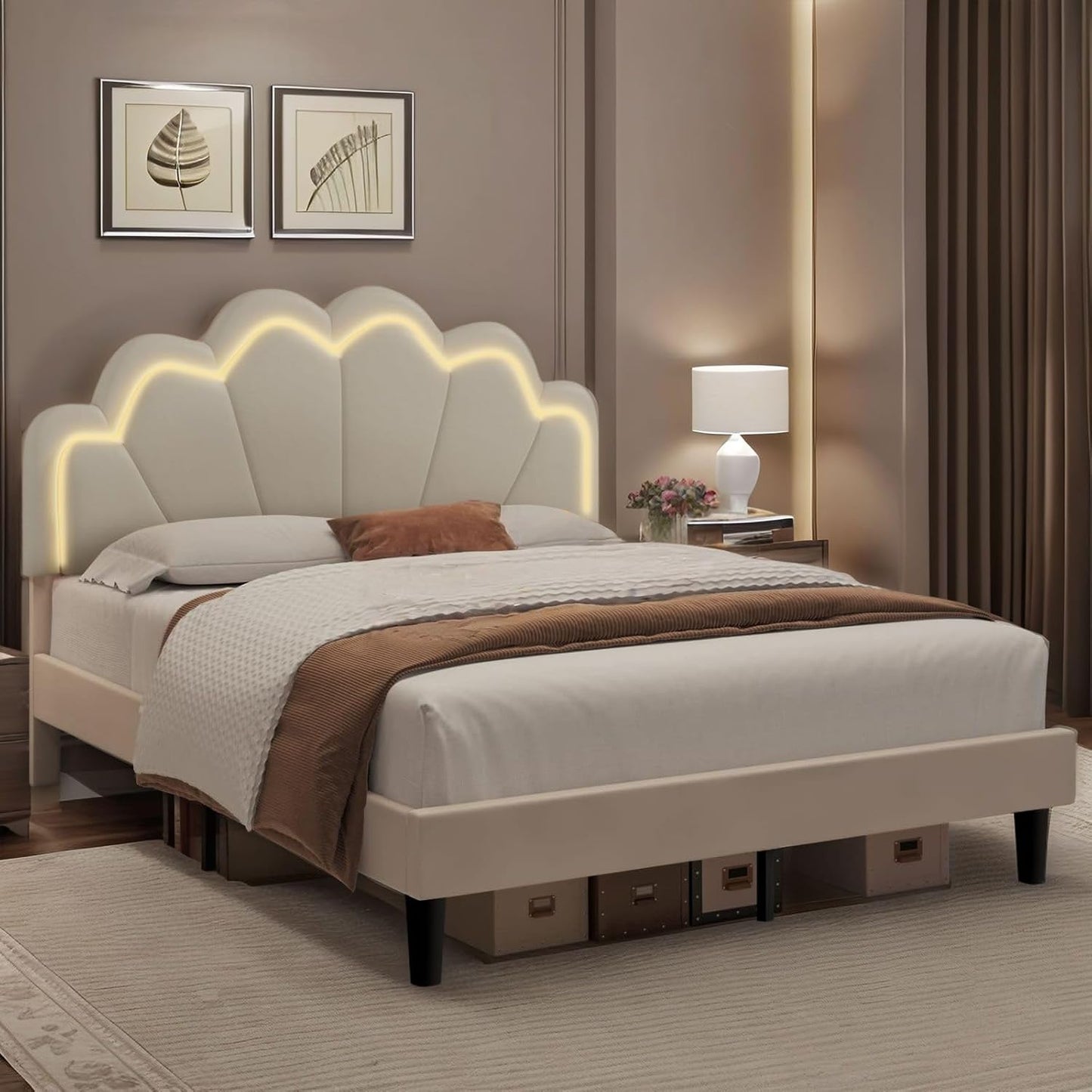 Luxsuite Double Size Bed Frame with Elegant Flowers Headboard Metal Platform Wooden Mattress Base Bedroom Furniture Foundation White