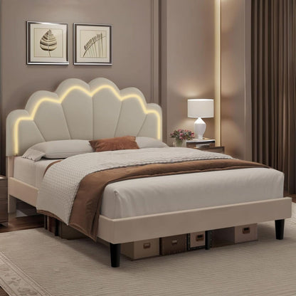 Luxsuite Queen Size Bed Frame with Elegant Flowers Headboard Metal Platform Wooden Mattress Base Bedroom Furniture Foundation White