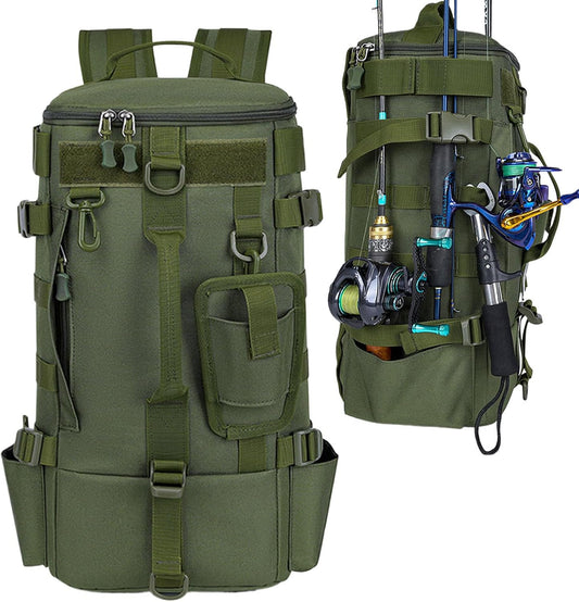 zwxqe Waterproof Fishing Gear Backpack, Tackle Storage Rucksack with Rod Holder, Outdoor Adventure Daypack for Hiking Motorcycle Travel Kayak Excursions Beach Outings and Camping