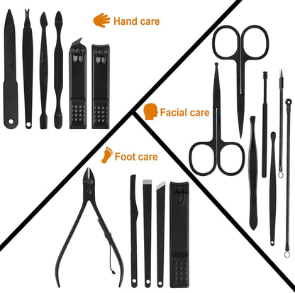 Manicure Set, 18 in 1 Professional Pedicure Kit Stainless Steel Personal Care Nail kit Manicure Portable Nail Clipper Set Tools with Travel Case(Black)