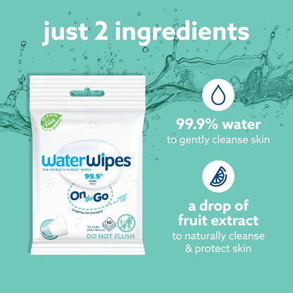 WaterWipes On The Go Wipes, 99.9% Water-Based Wipes for Travel, Sports, and to Refresh Skin, Unscented & Hypoallergenic, 100 Count (10 Packs)