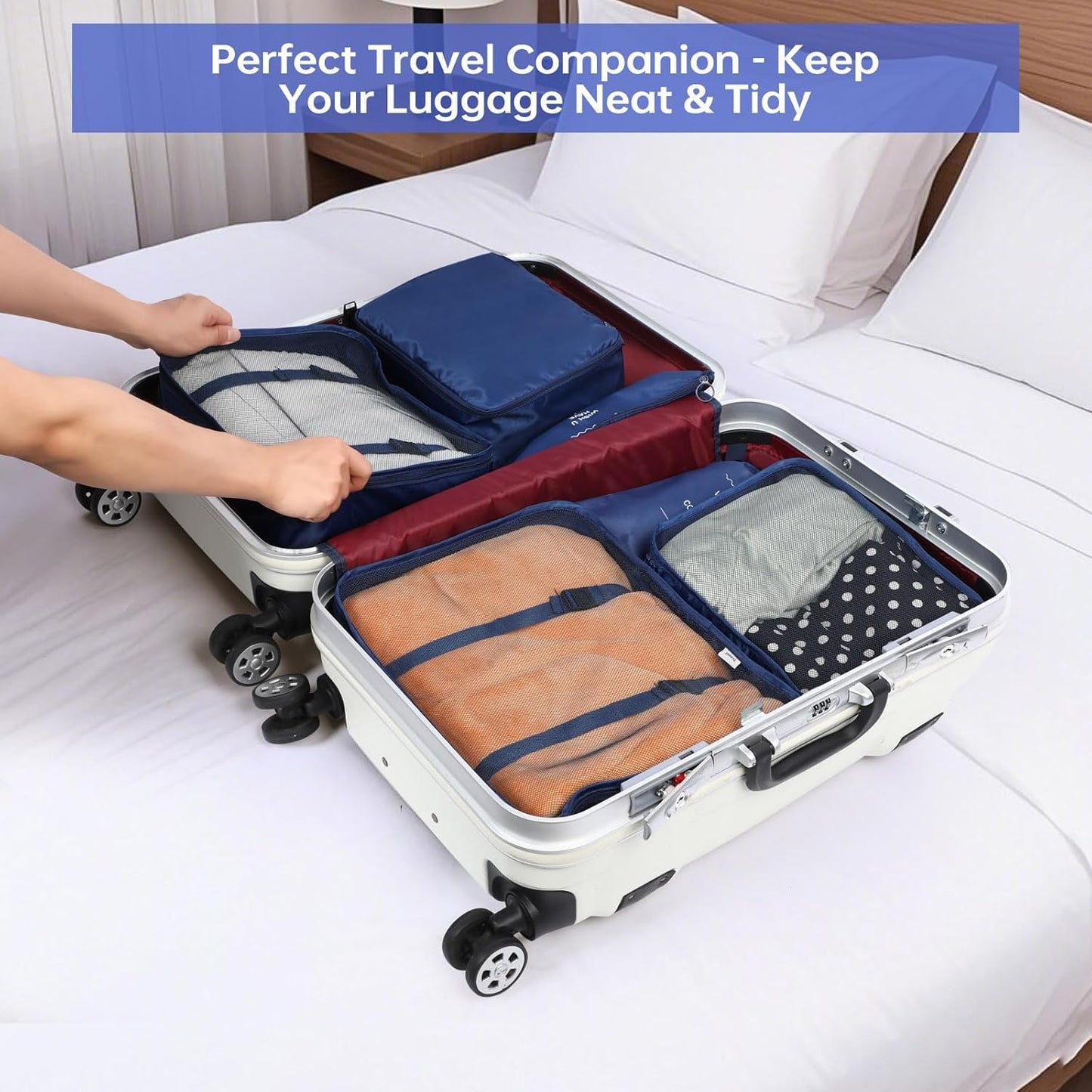 Packing Cubes Travel Bag Polyester 7 Pieces Lightweight Waterproof Space Saving Travel Bag Organizer (Dark Blue)