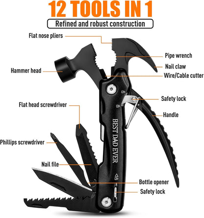 BIIB Fathers Day Dad Gifts from Daughter Wife Son, 12 in 1 Hammer Multitool, Father's Day Gifts for Men Dad Him Husband Grandpa, Birthday Mens Gifts for Dad Who Wants Nothing, Camping Essentials Gear