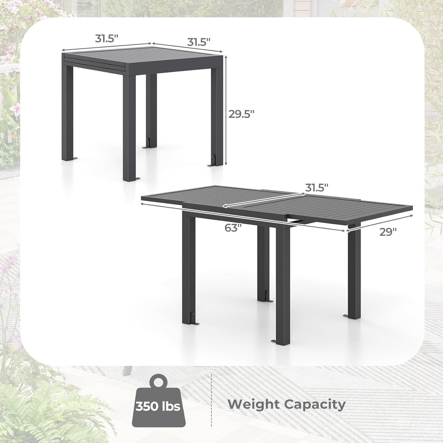 HAPPYGRILL Expandable Patio Dining Table Aluminum Outdoor Table for 4-6 Person with Slatted Tabletop, Square Rectangular Folding Patio Table for Porch, Lawn, Garden