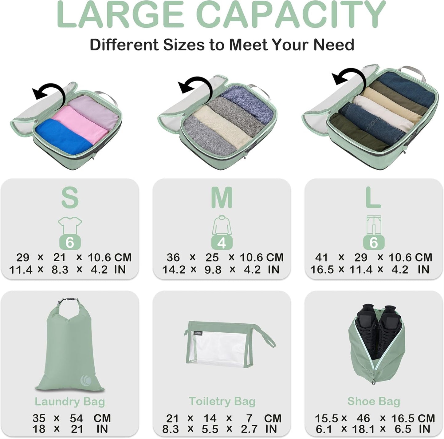 Cipway Compression Packing Cubes, See Through Mesh Luggage Organizer Bags,8 Set Travel Essentials for Carry on Suitcase with Laundry Bags Shoe Bags Travel Toiletry Bag（Sage green）