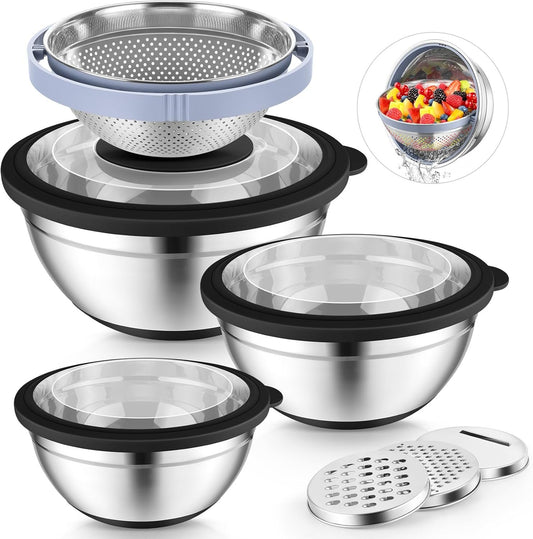 P&P CHEF Mixing Bowls with Lids Set of 3, 3 Pcs Stainless Steel Nesting Salad Bowls and Colander for Kitchen, 3 Grater Attachments & Non-Slip Bottoms, Visible & Airtight Lid, Black