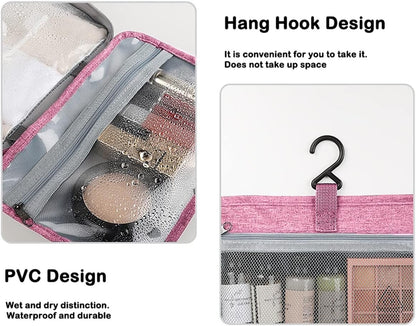 Hanging Toiletry Bag, Waterproof Wash Bag for Makeup Large Capacity Travel Makeup Bag Compact with Hook, Portable Makeup Traveling Organizer for Women Outdoor Camping Travel (1, Pink)