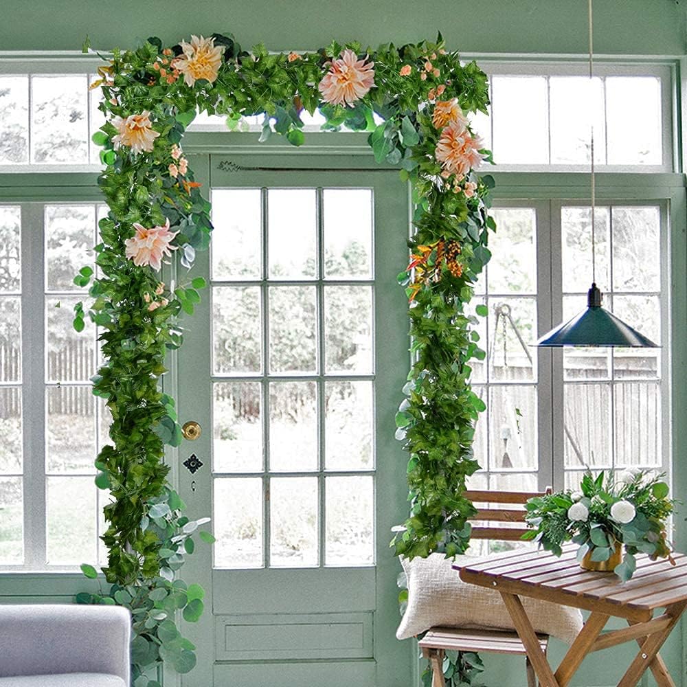 Uandhome 84 Feet 12 Strands Artificial Ivy Leaf Plants Vines Hanging Garland Fake Greenery Vines Foliage Flowers Home Kitchen Garden Office Wedding Wall Decor