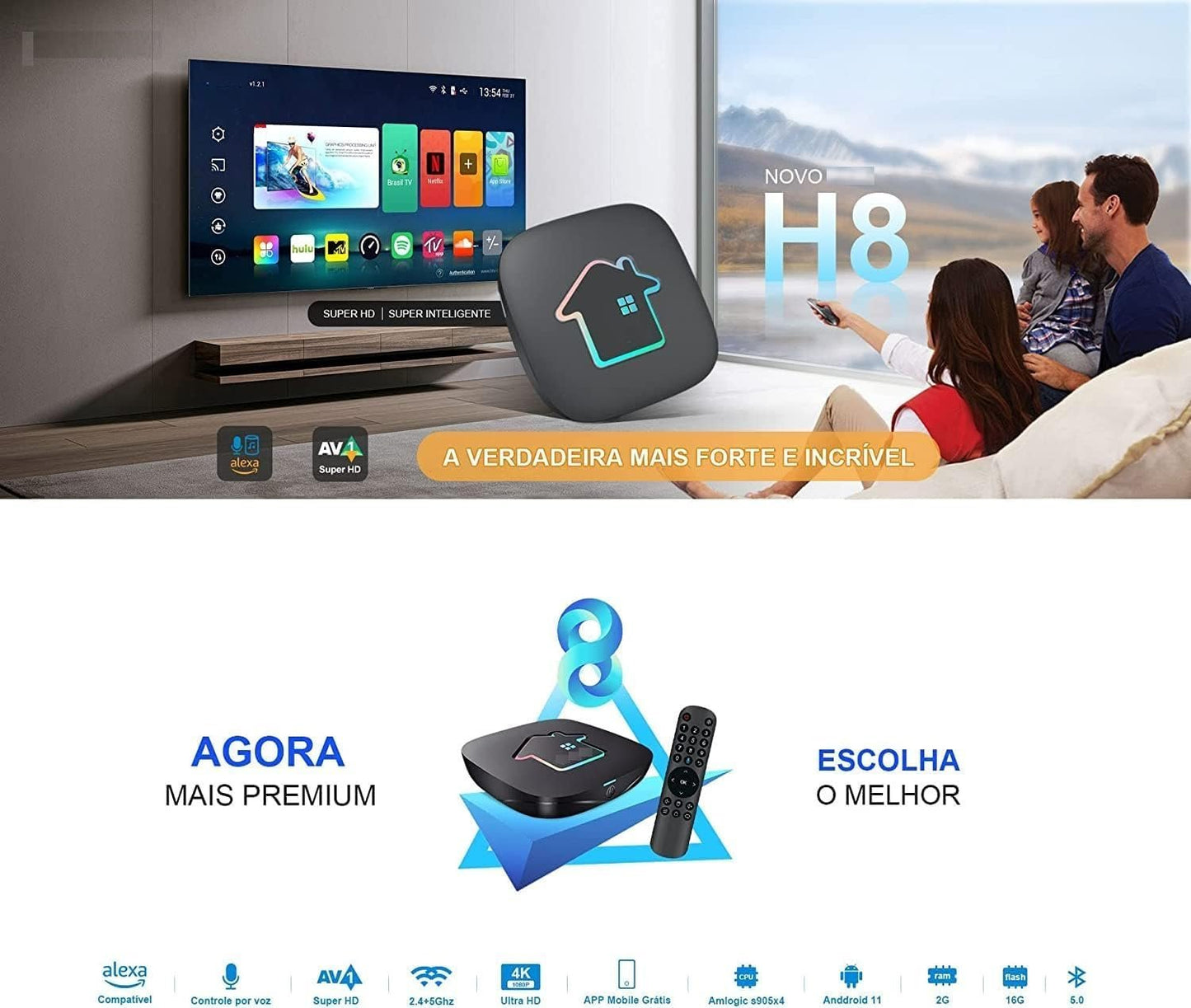 2025 H8 Brazil TV Box New Version Brazilian TV Box 2GRAM+16GROM HDMI Ultra HD USB2.0/3.0 Dual Band WiFi 2.4/5G - Supports Alexa
