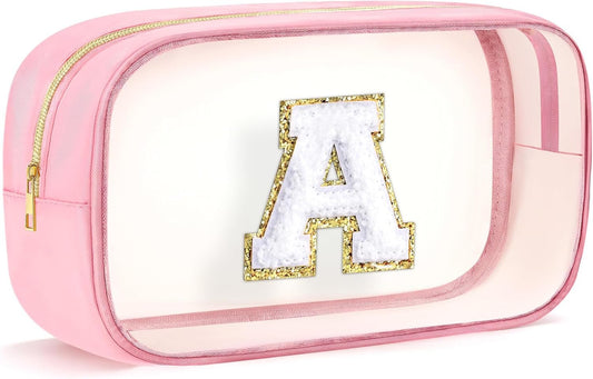 SEFORICO Initial Clear Makeup Bag - Make Up Bag Travel Toiletry Case Preppy Cosmetic Bags Organizer Gifts for Women Valentines Day Brithday Gift Mom Girl Gifts Clear Toiletry Bag (Pink A)