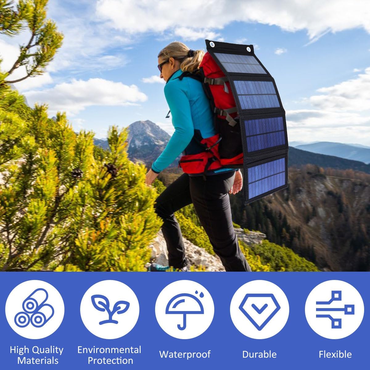 Solar Panel Folding Charger Foldable Lightweight Solar Panel IP65 Waterproof USB Solar Power Charger Portable Outdoor Solar Panel Charger Mobile Power Battery Charger with 2 Hooks and 1 Adapter
