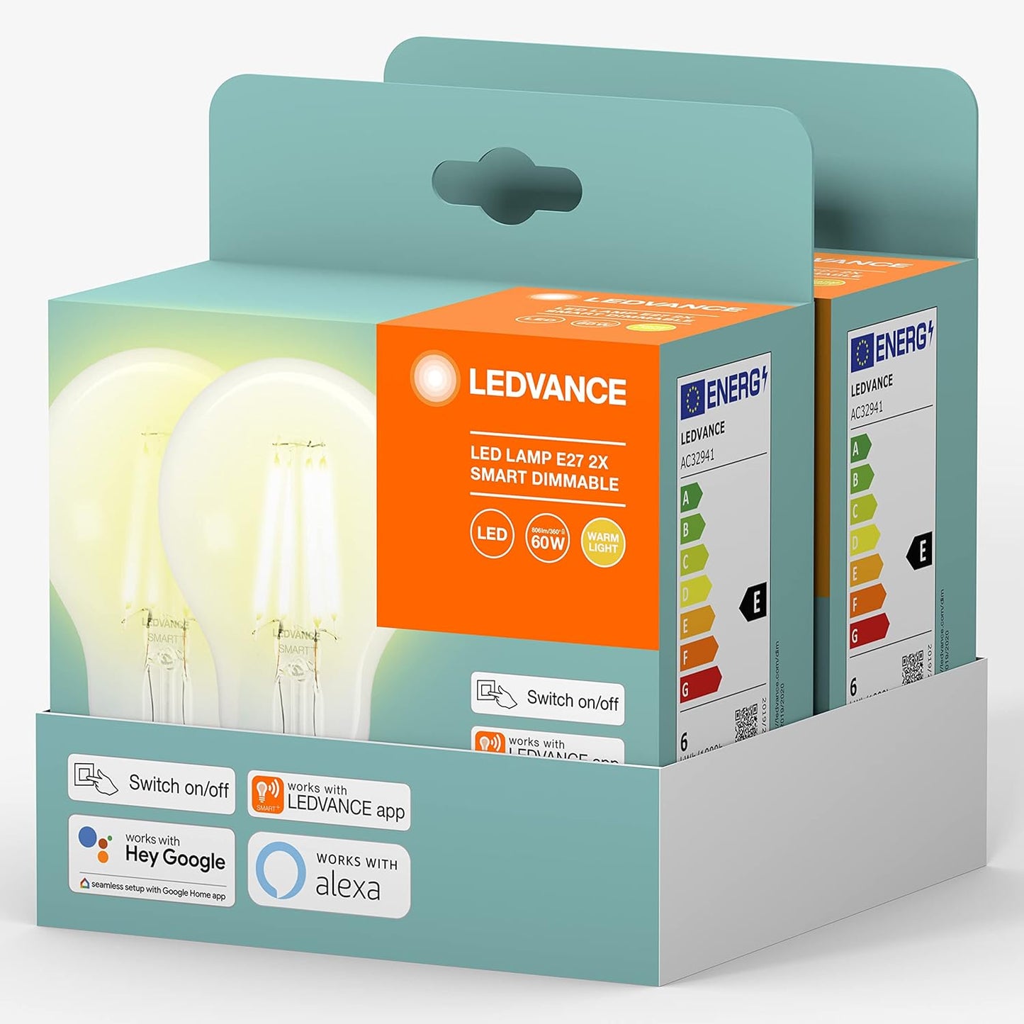 Ledvance Smart LED Lamp with Bluetooth Mesh, also controllable with Alexa and Google Assistant, replaces traditional 60W lamps, warm white (2700K), Smart Dimmable, 2 Pack