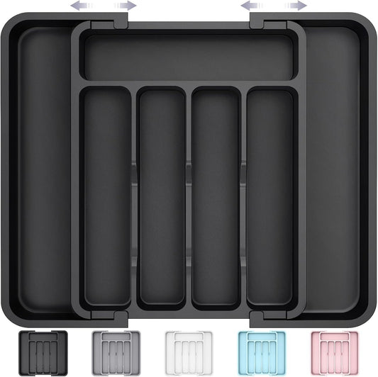 Lifewit Small Cutlery Organizer, Expandable Utensil Organizer for Kitchen, Utensil Holder, Adjustable Cutlery Rack Organizer for Spoons, Knives, Kitchen Organizers and Storage, Black