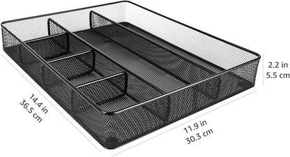 Amazon Basics Desk Drawer Organizer for Office and Home, Metal Mesh, Anti-Slip, 6 Compartments, Black