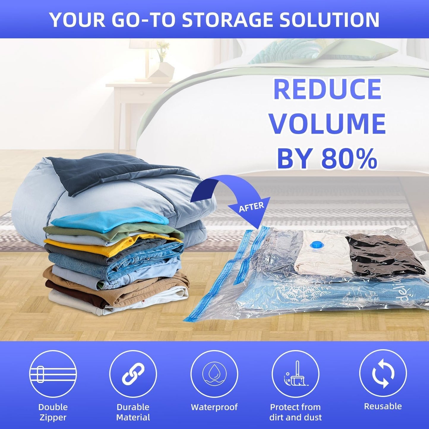 KFYM 20 Pack Vacuum Storage Bags, Space Saver Bags with Hand Pump, Vacuum Seal Bags for Clothing, Organization and Storage, Comforters, Pillows, Towels, Blankets, Bedding, Moving Supplies
