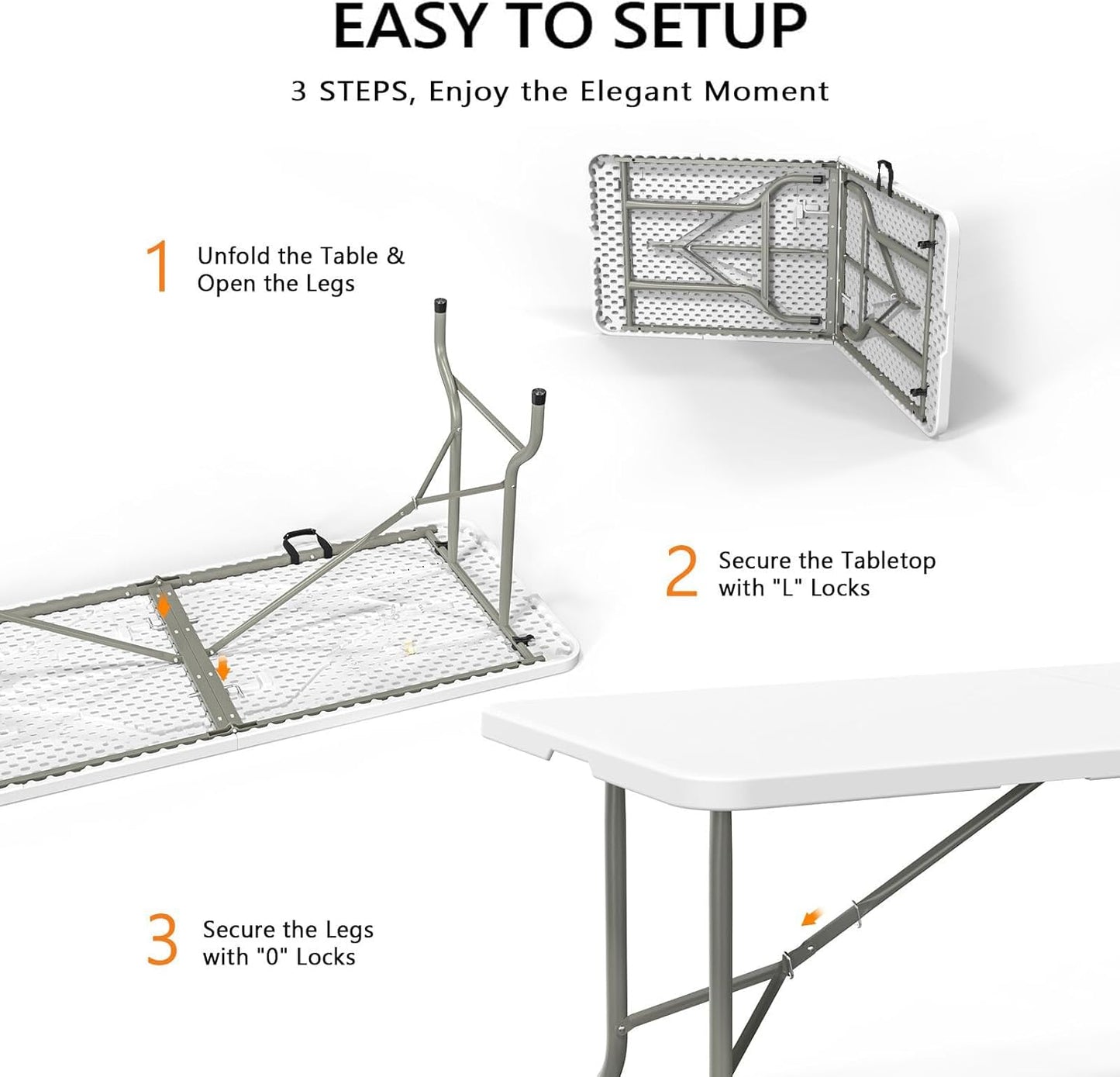6 Ft Portable Foldable Long Table, Folding Table for Indoor Outdoor, Smooth HDPE Tabletop with Built in Handle & Steel Legs, Perfect for Party, Dining, Wedding, Events, Camping, Utility, Temporary